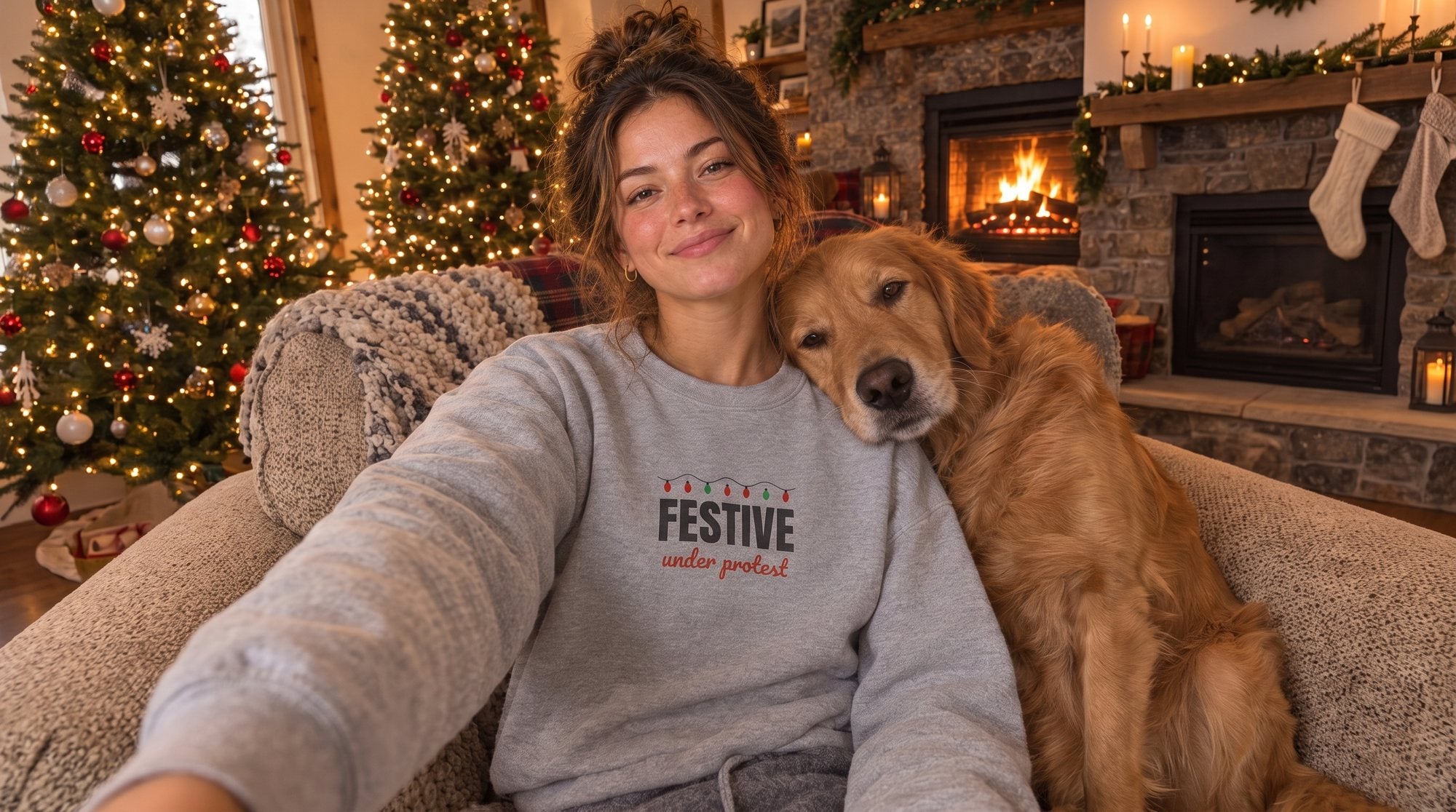 Woman in a cozy sweatshirt next to a golden retriever in a cabin at Christmas