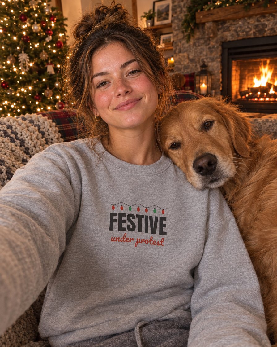 Woman in a cozy sweatshirt next to a golden retriever in a cabin at Christmas