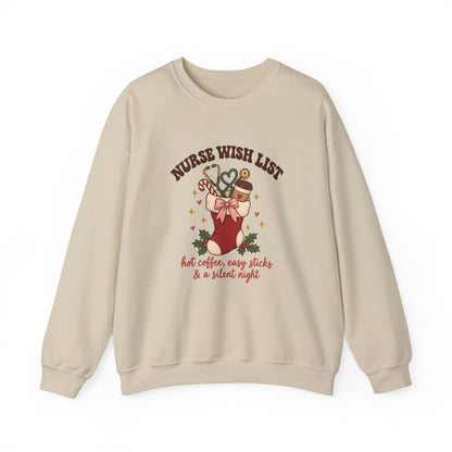 Nurse Wish List Christmas Crewneck Sweatshirt | Hot Coffee, Easy Sticks & a Silent Night