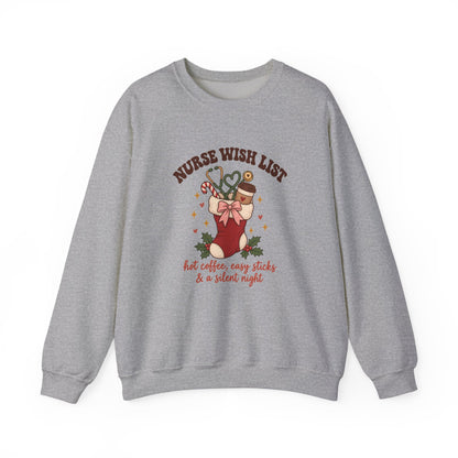 Nurse Wish List Christmas Crewneck Sweatshirt | Hot Coffee, Easy Sticks & a Silent Night