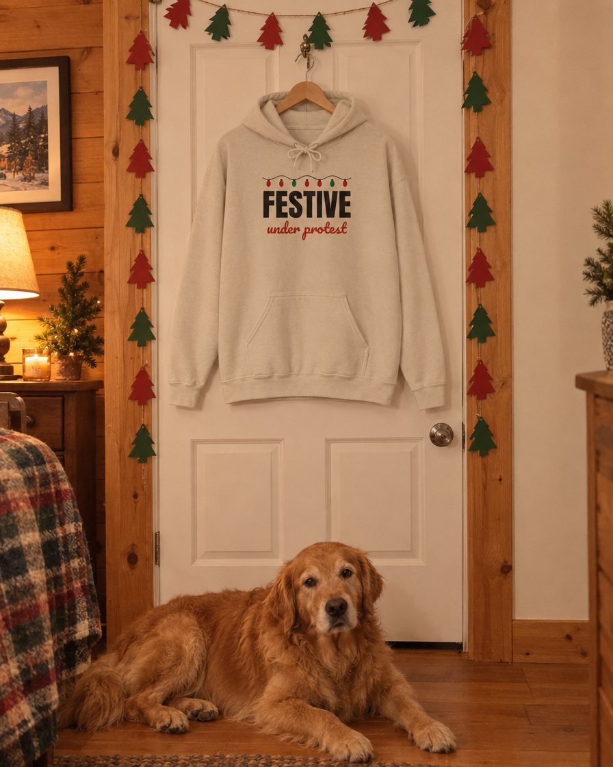 Cream hoodie hanging on a cabin door with a golden retriever lying below